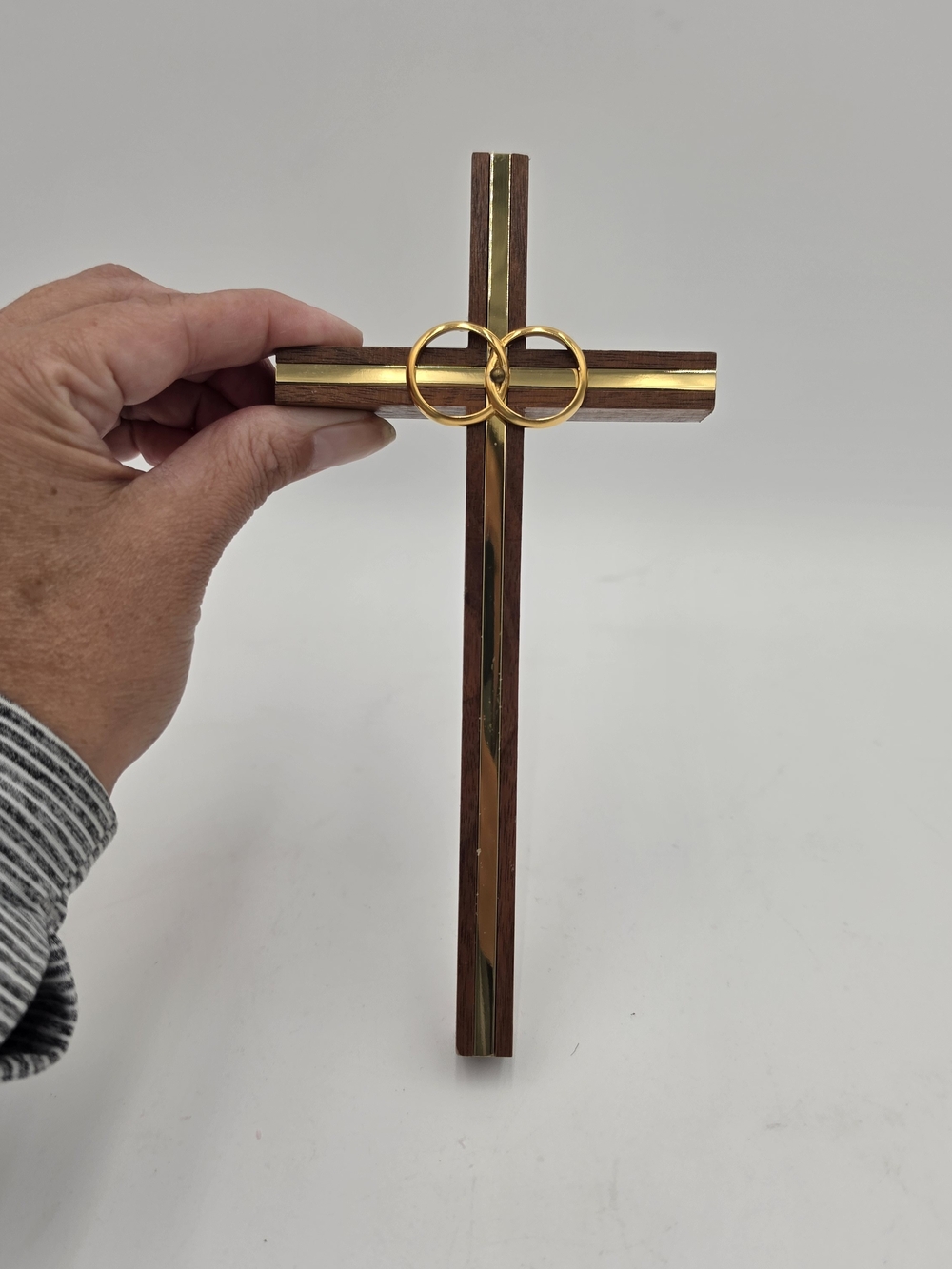 Wedding Walnut Wall CrossGold Inlay • Double Gold Rings